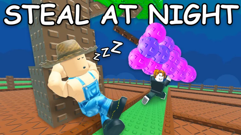 Grow a Garden 2 night stealing scene with crops and Roblox characters